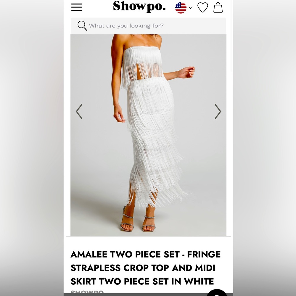 WHITE TWO PIECE SET- FRINGE STRAPLESS CROP TOP AND MIDI SKIRT TWO PIECE SET S10